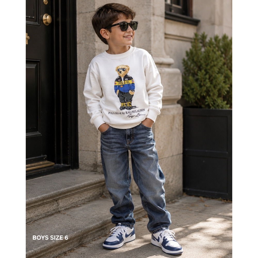 Polo Ralph Lauren Polo Bear Racing Graphic‎ White Crewneck Sweatshirt Youth Sz 6